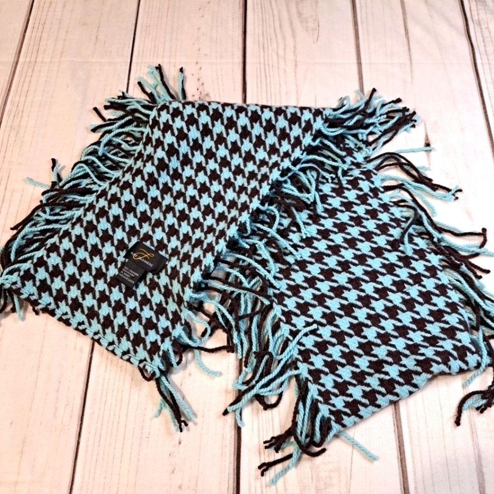 Pure Cashmere Brown and Light Blue Houndstooth Scarf
